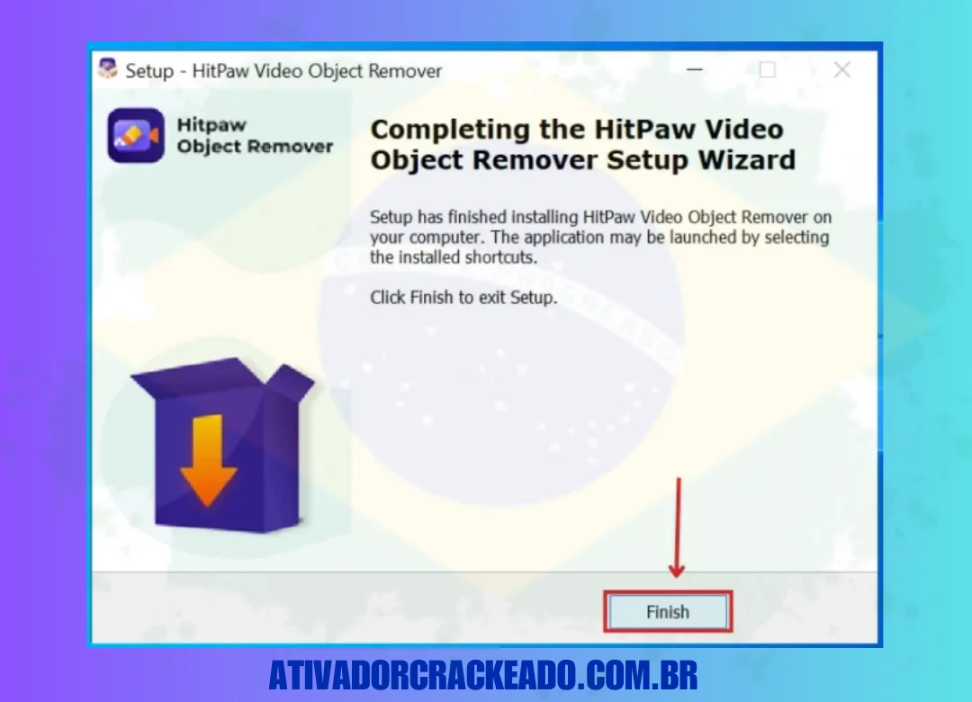 A instalação de removedor de objetos de vídeo HitPaw está concluída, basta clicar em 'Acabamento'.