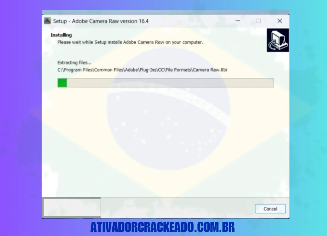 A instalação do Camera Raw pode levar alguns minutos para ser concluída.