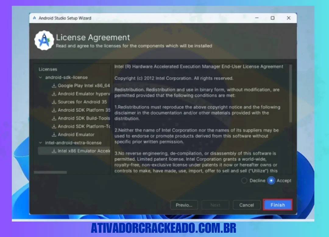 Aceite o Contrato de Licença clicando em Aceitar e depois em Concluir.