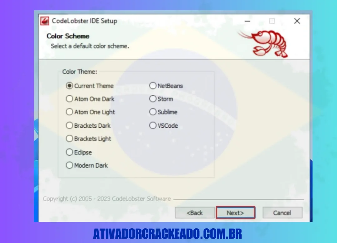 Agora, a configuração pedirá que você escolha um esquema de cores. Após selecioná-lo, clique em next.