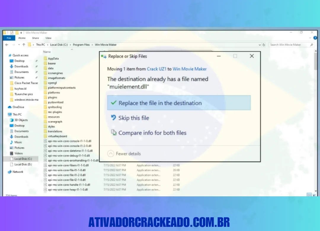 Agora, abra a pasta do software no Disco Local C. Depois disso, abra o arquivo do programa e depois o Win Movie Maker. Então, substitua o arquivo no destino.