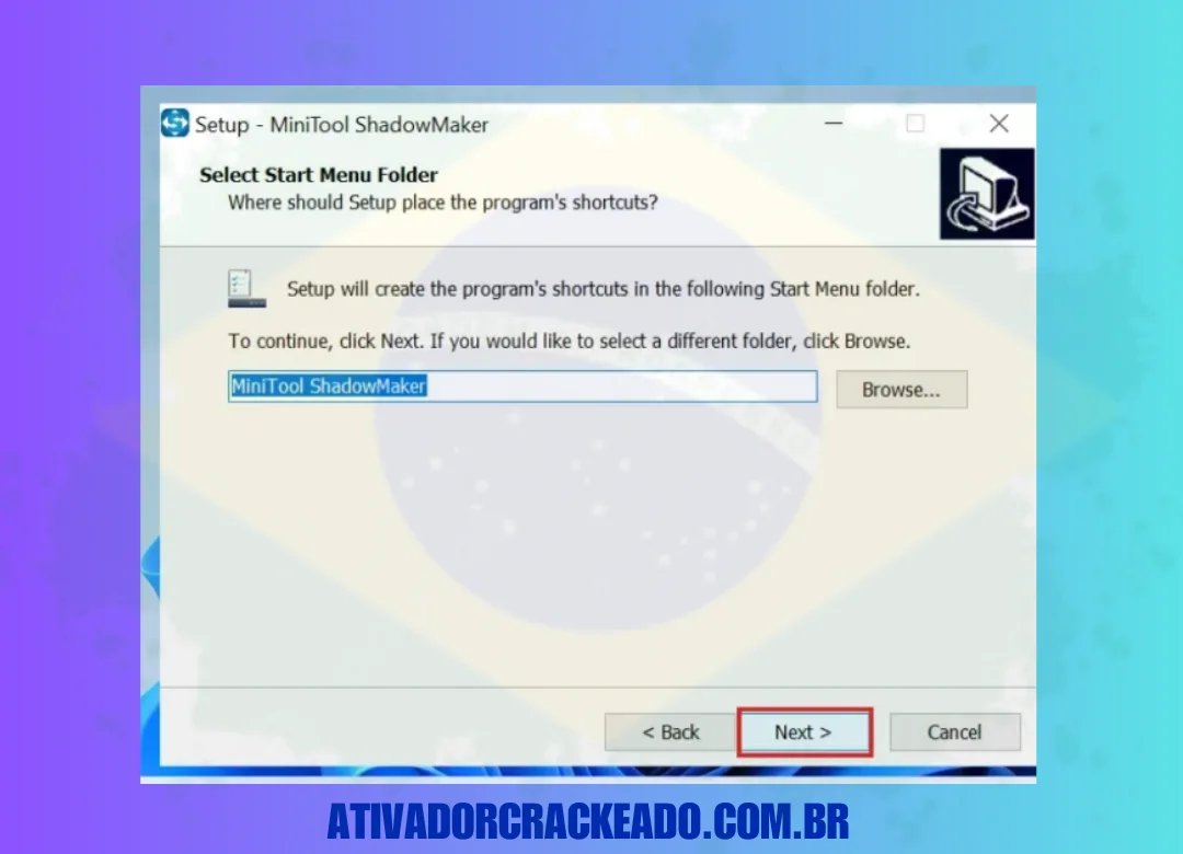 Agora, você precisa criar um atalho no menu iniciar e dar um nome a ele. Depois disso, basta clicar em Avançar.