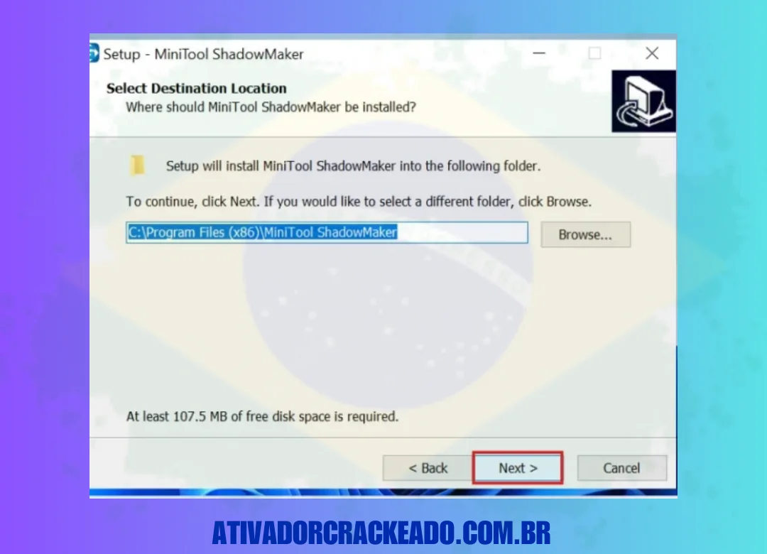 Após aceitar o contrato de licença, selecione o local onde deseja instalar o programa.