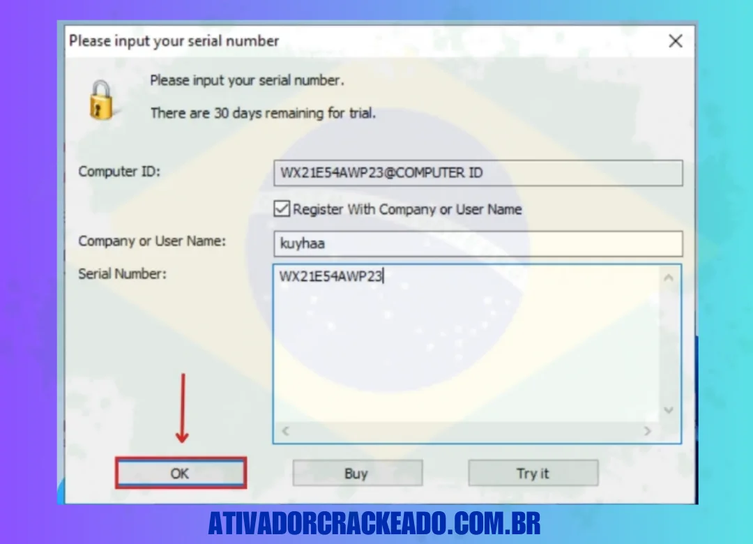 Após colar o carregador, execute-o e insira um nome de usuário e também insira a Chave serial do PilotEdit Pro “WX21E54AWP23“. Depois disso, basta pressionar OK.