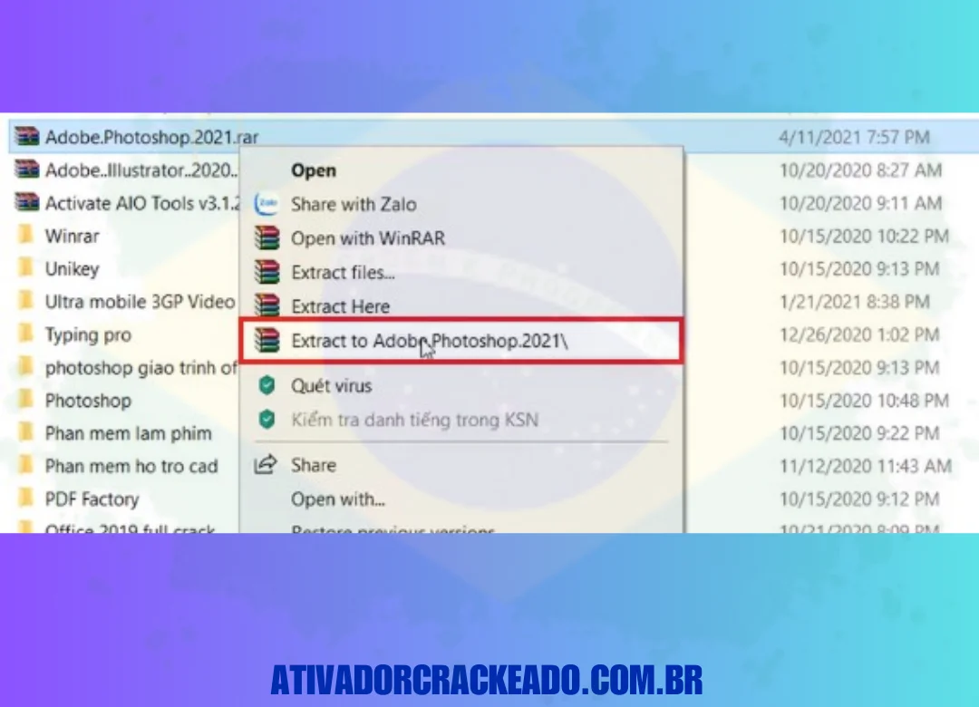 Após o download, use o menu do botão direito para extrair o arquivo Adobe.Photoshop.2021.rar. Para extrair para Adobe Photoshop.2021, escolha-o.