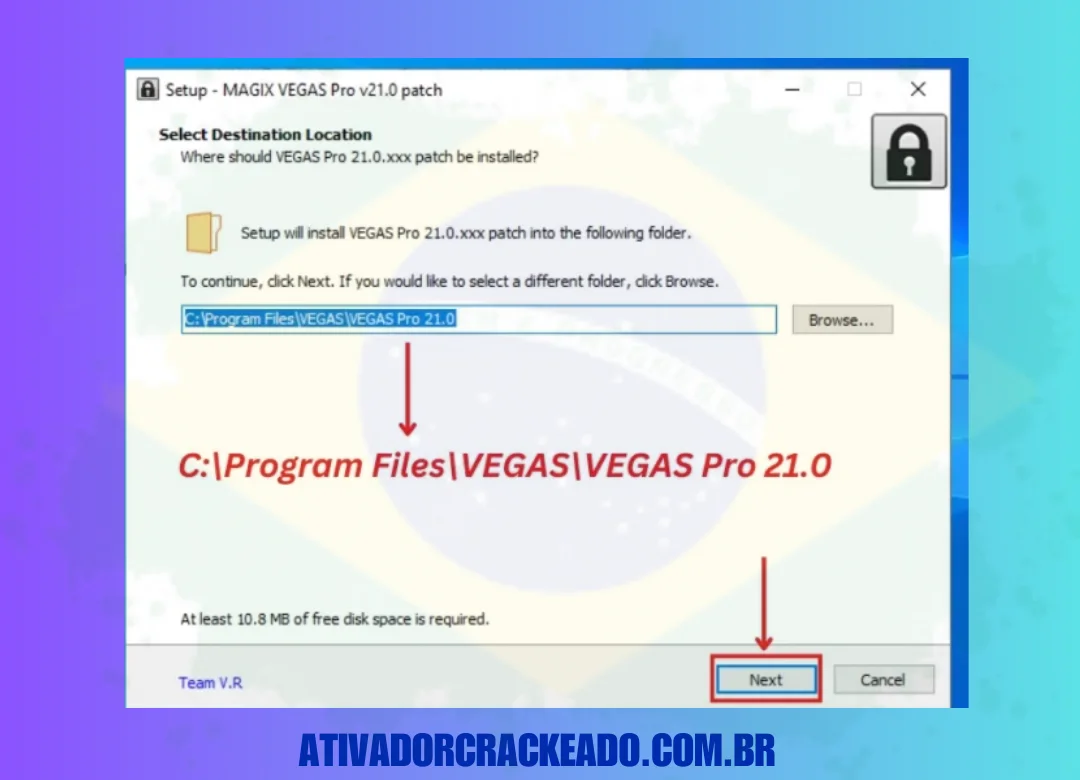 Aqui, selecione o local real de instalação do programa (CArquivos de ProgramasVEGASVEGAS Pro 21.0) e clique em “Avançar”.