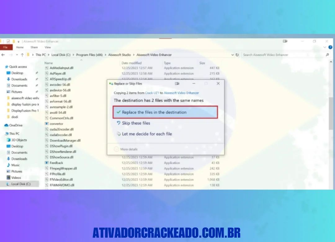 Depois de abrir a pasta “Aiseesoft Studio”, cole os dois arquivos que você copiou anteriormente nessa pasta. Quando solicitado, clique em “Replace the files in the destination” para sobrescrever u