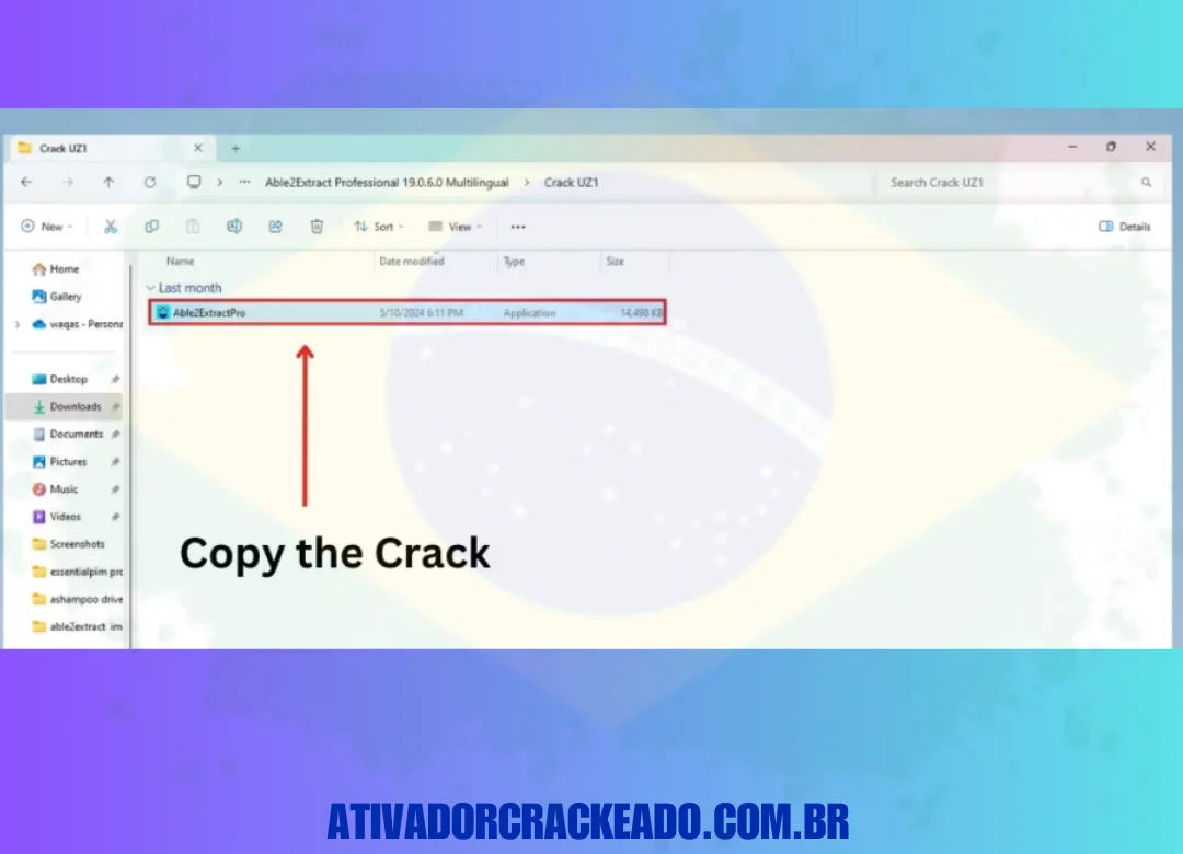 Depois de abrir a pasta 'UZI Crack', você encontrará um arquivo chamado 'Able2Extract Pro Crack'. Copie este arquivo.