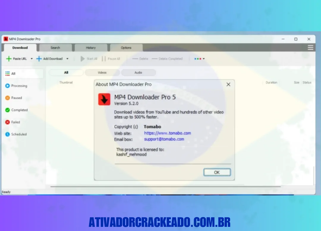 Depois de colar os arquivos, o MP4 Downloader Pro será atualizado para a versão completa, conforme mostrado na imagem que você mencionou.