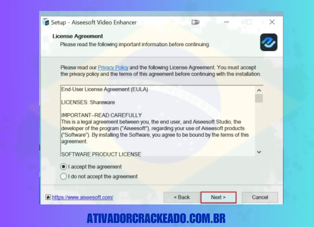 Depois disso, 'License Agreement' aparecerá. Você precisa clicar em 'I accept the agreement' e então clicar em 'Next' para continuar.