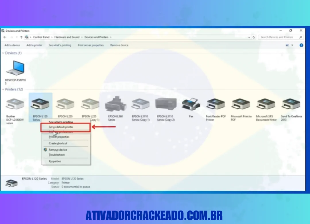 Depois disso, aparecerá um menu, clique em “Definir como impressora padrão”.