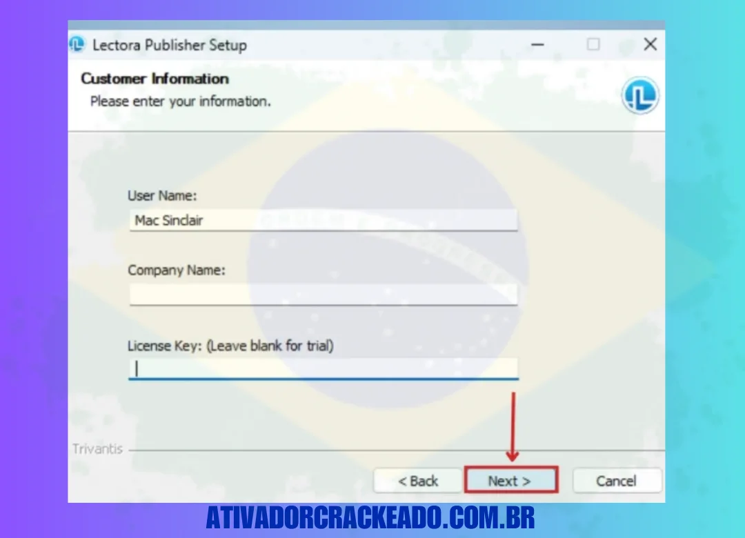 Depois disso, deixe a caixa de licença em branco. Em seguida, clique em Avançar.