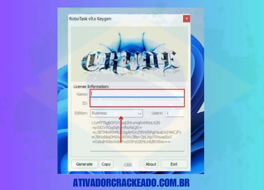 Depois disso, o keygen será iniciado e pedirá seu nome e ID. (1)