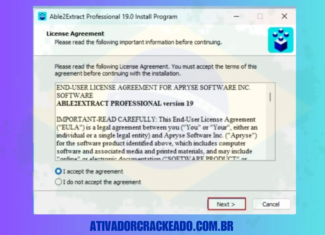 Depois disso, você precisa aceitar o Contrato de Licença. Então, clique em 'Next' (Continuar).