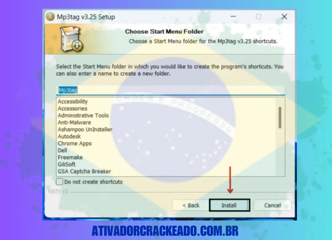 Depois disso, você precisa selecionar a pasta Start Menu para criar um atalho