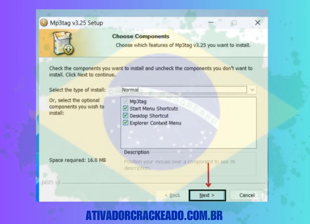 Depois disso, você precisa selecionar os componentes para instalação. Após selecionar os componentes, clique em Next.