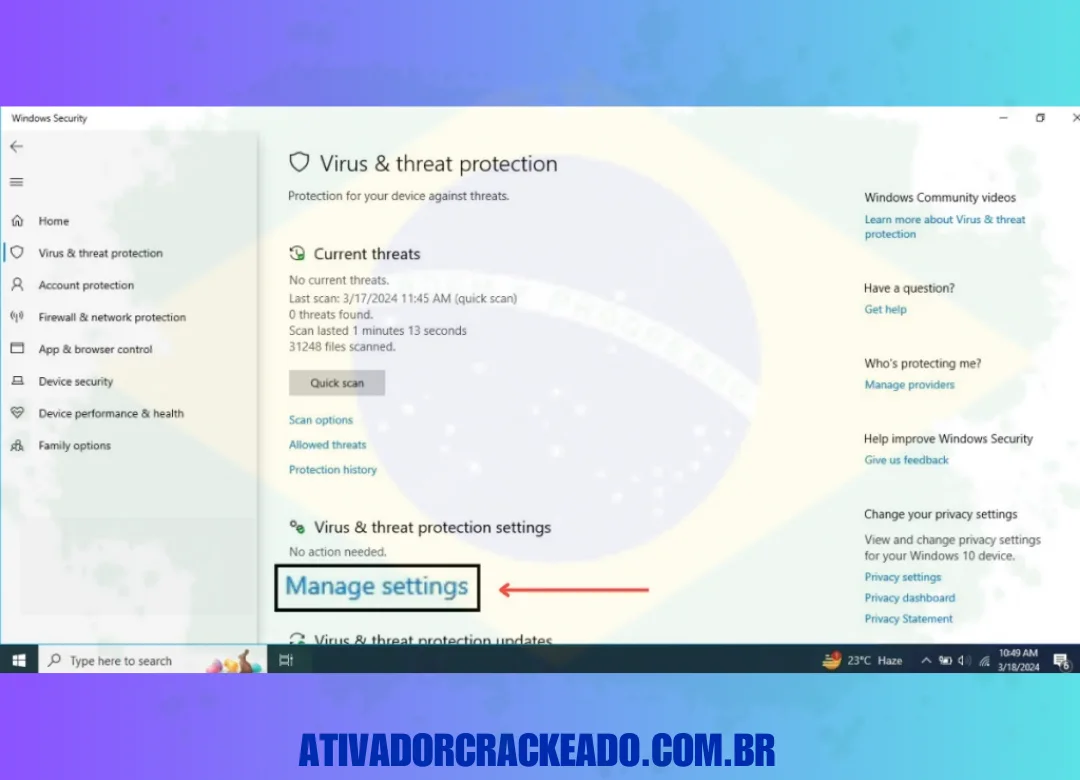 Depois disso, você verá a opção de configurações de gerenciamento sob a opção Virus and Threat Protection. Então, clique nessa opção.