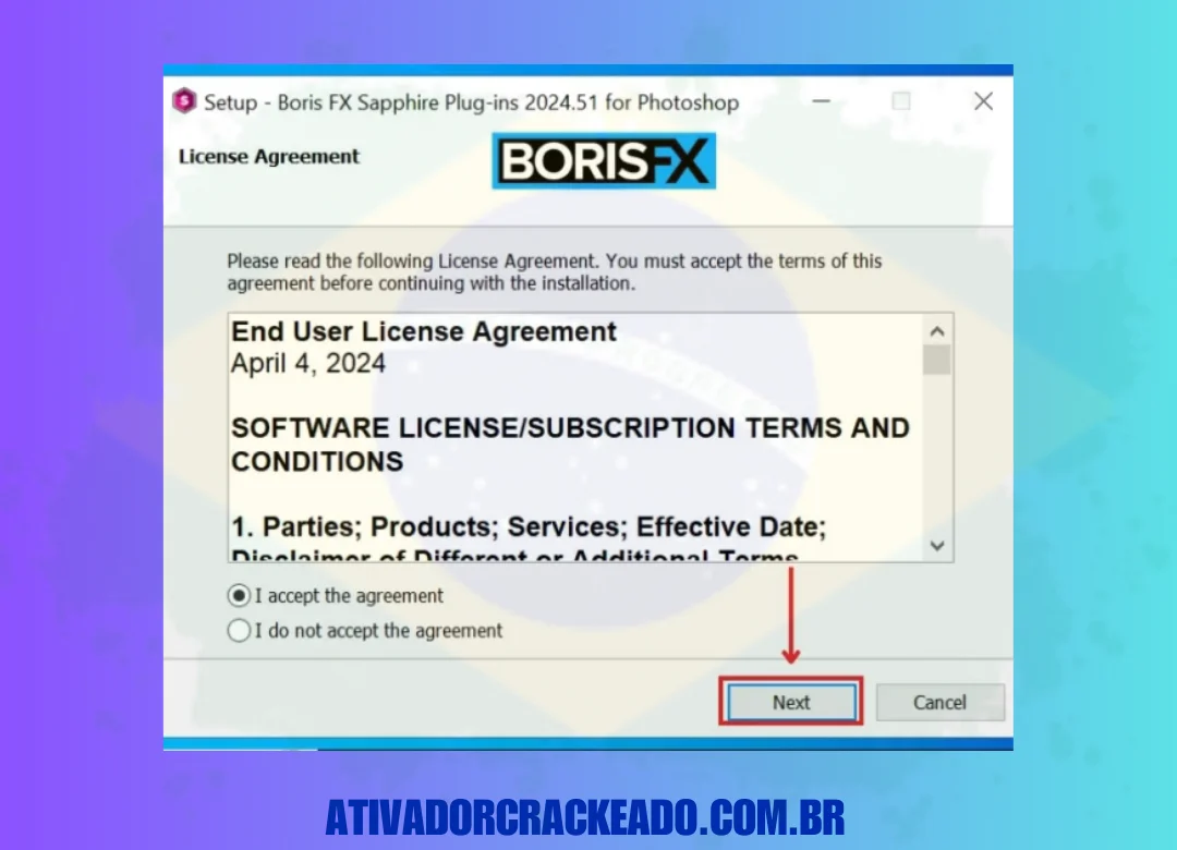 Depois que o assistente de configuração for iniciado, clique em Aceito o contrato e depois pressione Avançar.