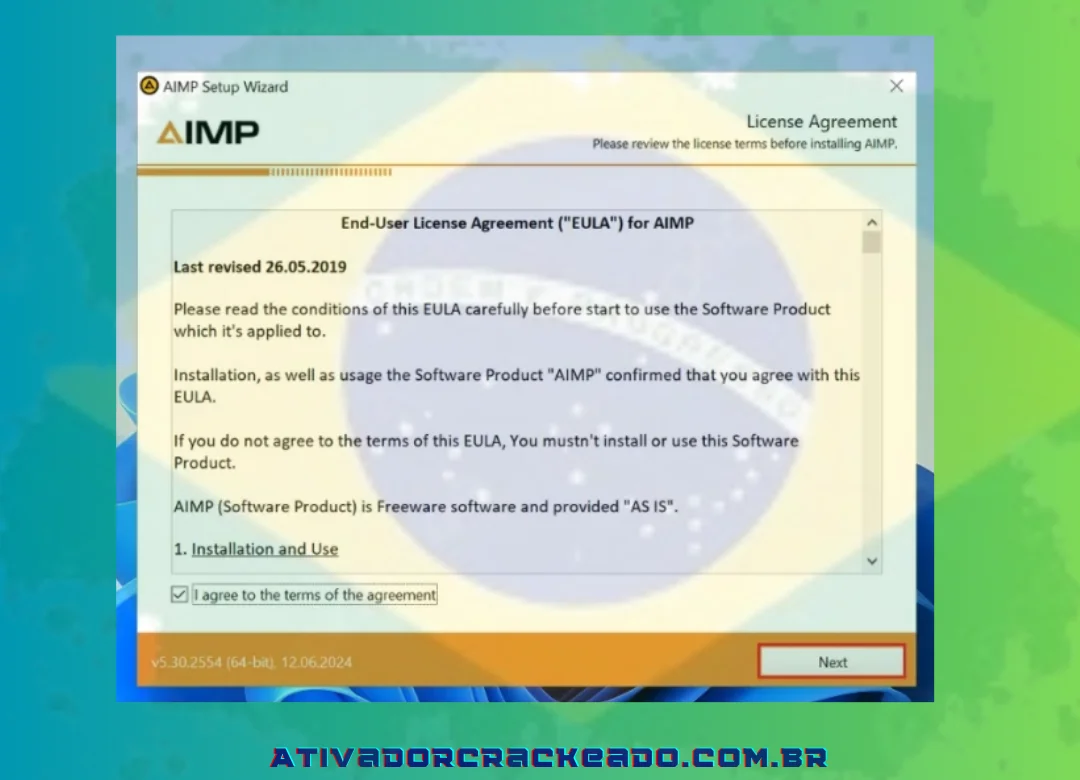 Depois você tem que aceitar o contrato de licença do programa, basta clicar em Concordo com os termos do contrato e depois clicar em Avançar.