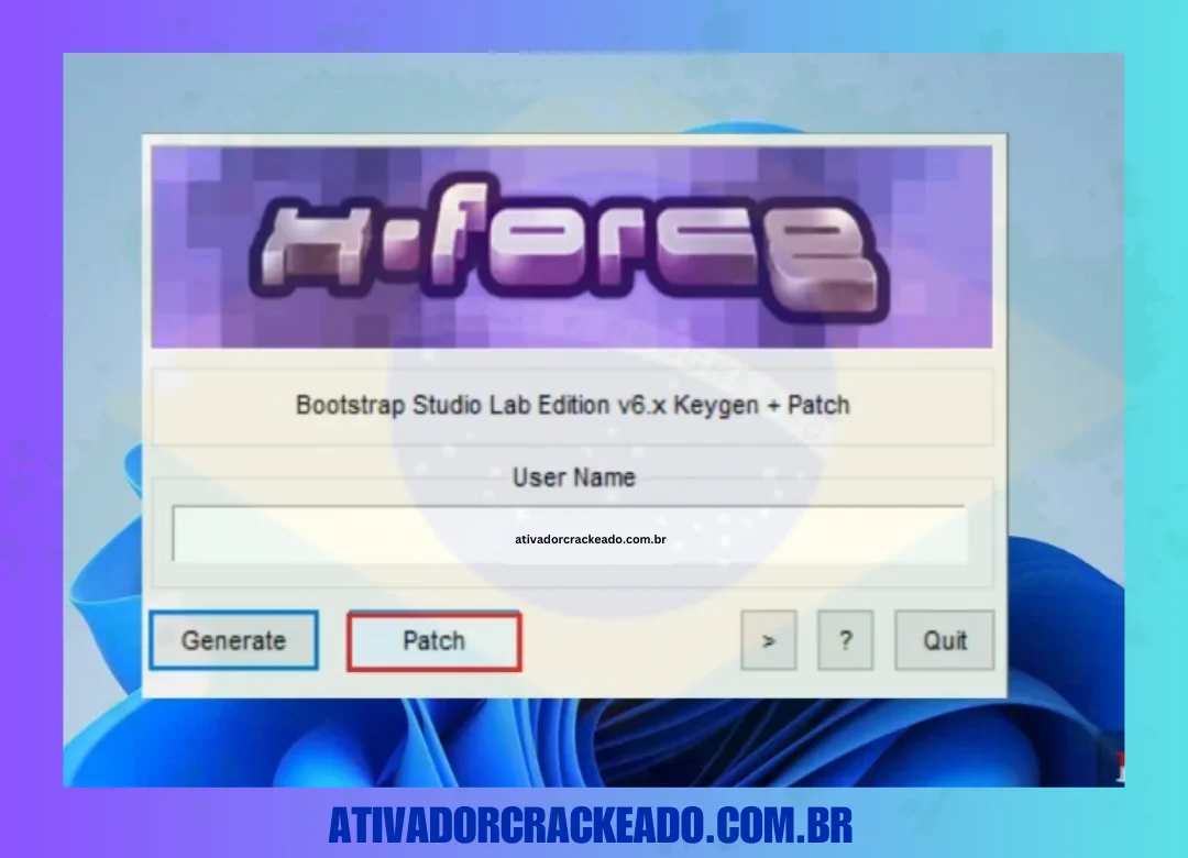 Digite o nome de usuário, neste caso escrevemos 'ativadorcrackeado.com.br' e depois clique em 'patch'.
