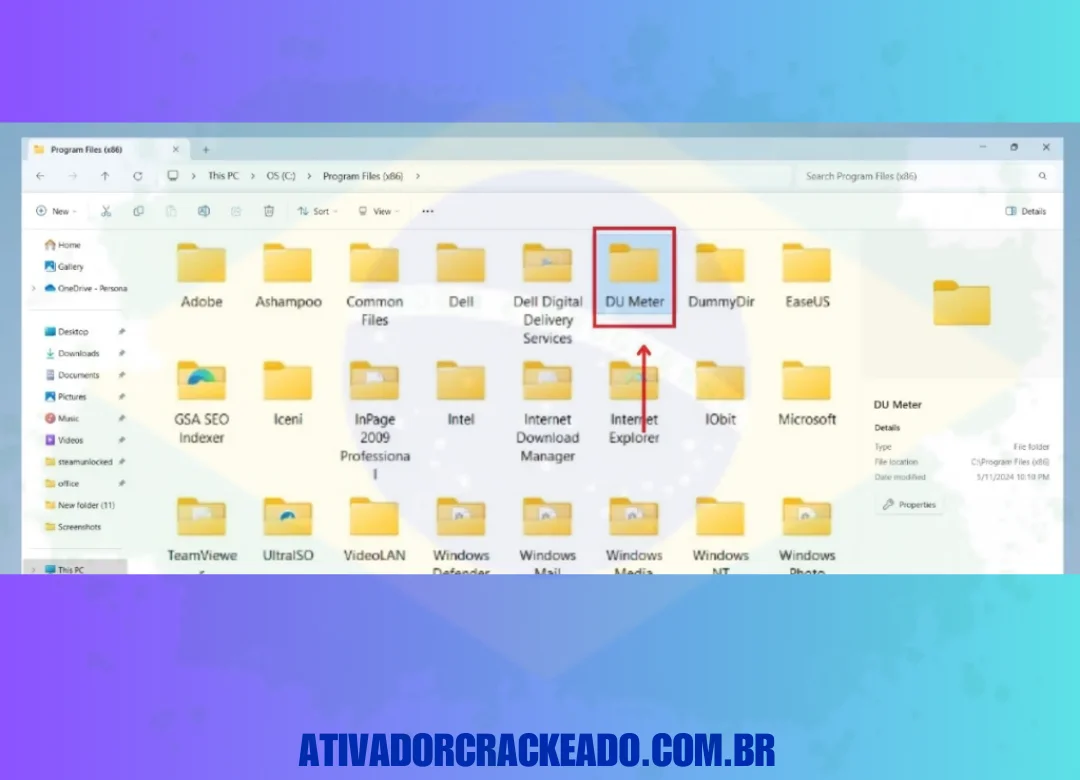Em Arquivos de Programas, você pode ver a pasta de instalação do DU Meter.