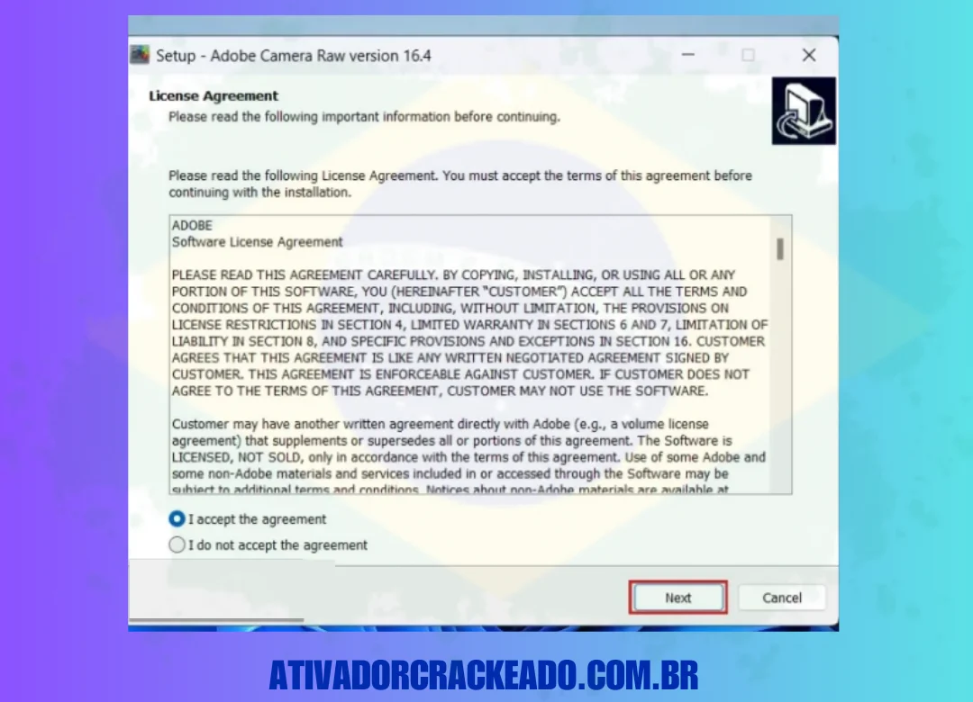 Em seguida, a configuração será iniciada e, a partir daí, aceite o Contrato de Licença do programa e prossiga clicando em Avançar.