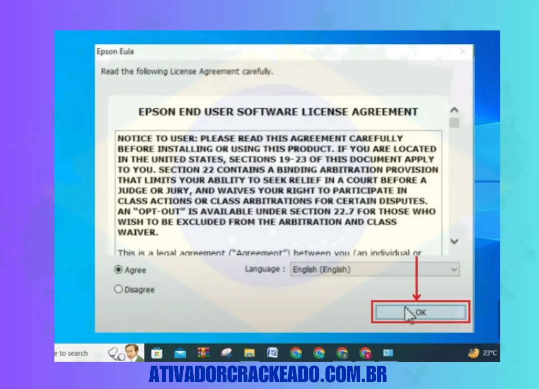 Em seguida, aceite o Contrato de Licença de Software do Usuário Final da Epson clicando em “Concordo” e depois em “OK”.