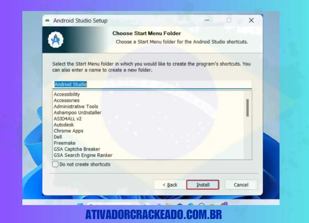 Em seguida, crie uma pasta no menu Iniciar e clique em “Instalar”.