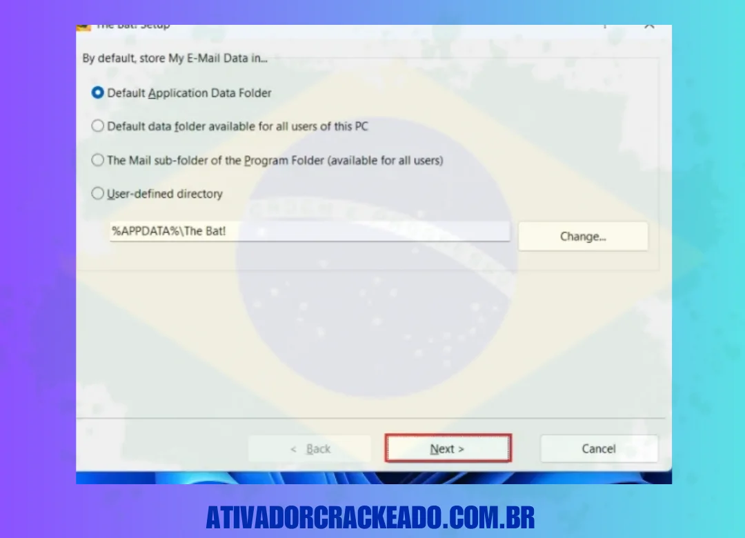 Escolha o local para enviar o e-mail de dados para você, digitando “Próximo“.