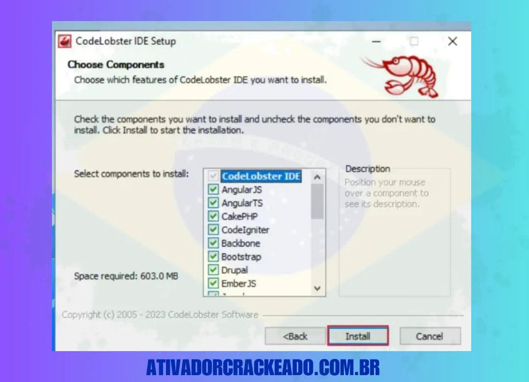 Existem muitos componentes do CodeLobster IDE, escolha o que você gosta e clique em 'Instalar'. (1)