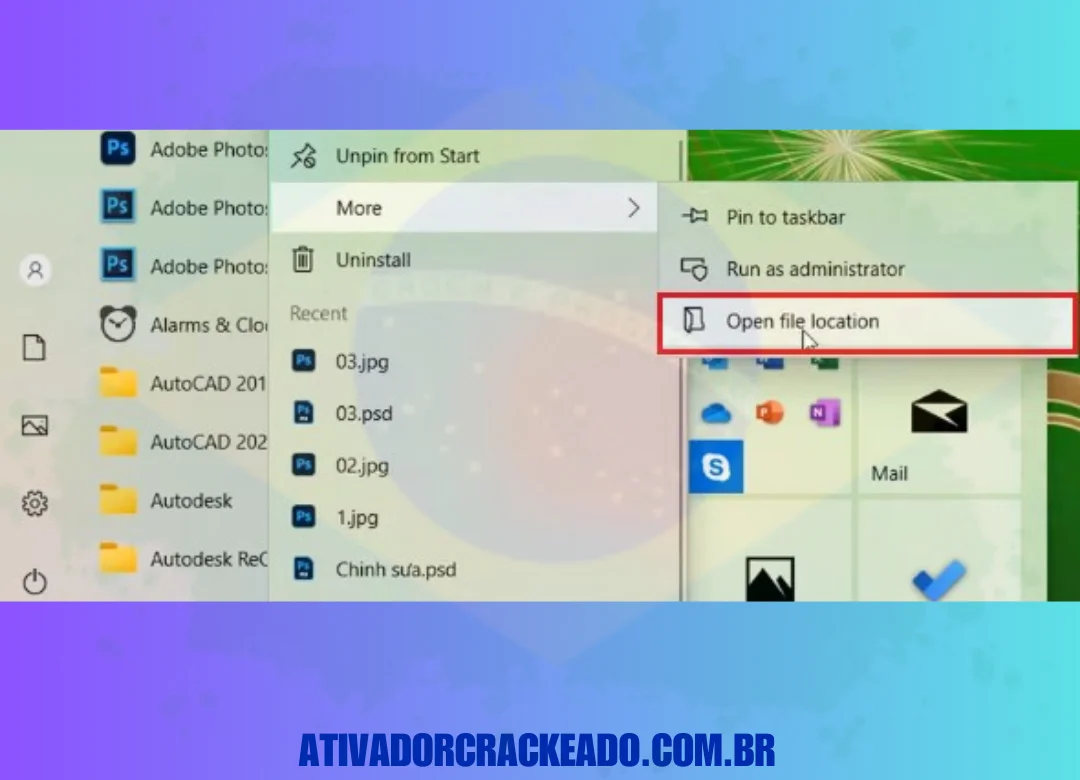Inicie Iniciar - Selecione o programa Adobe Photoshop 2021. Mais - Abrir o local do arquivo
