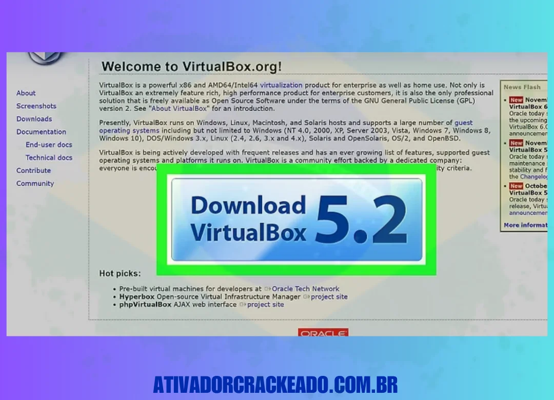 Inicie a página da web do VirtualBox. Abra o navegador da Internet no seu PC e navegue