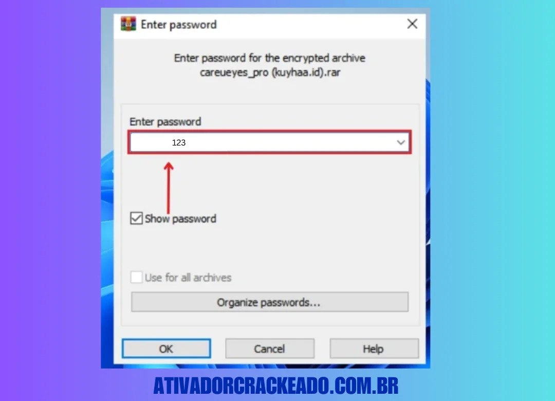 Na primeira etapa, desligue o Windows Defender e extraia o arquivo zip baixado usando o WinRAR. Em seguida, digite a senha “123”.