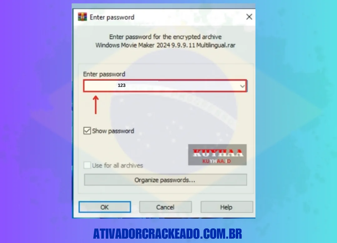 Na primeira etapa, execute o arquivo zip baixado. Depois disso, insira a senha “123”.