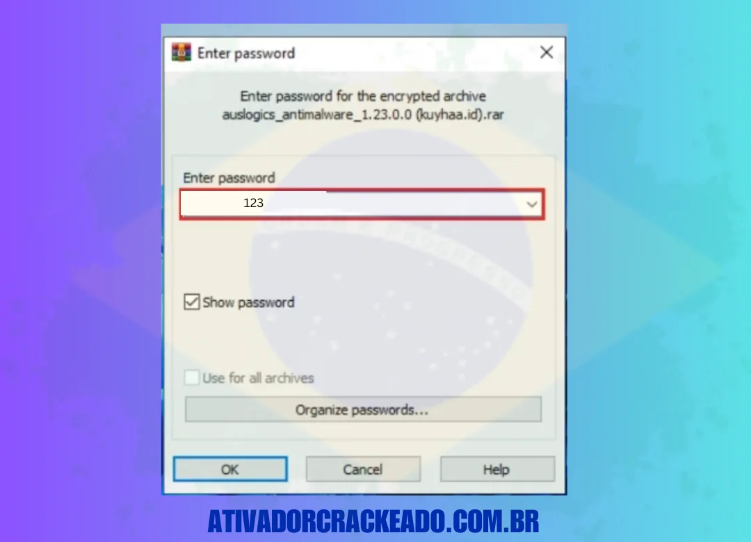 Na primeira etapa, execute o arquivo zip baixado. Em seguida, digite a senha “123”.