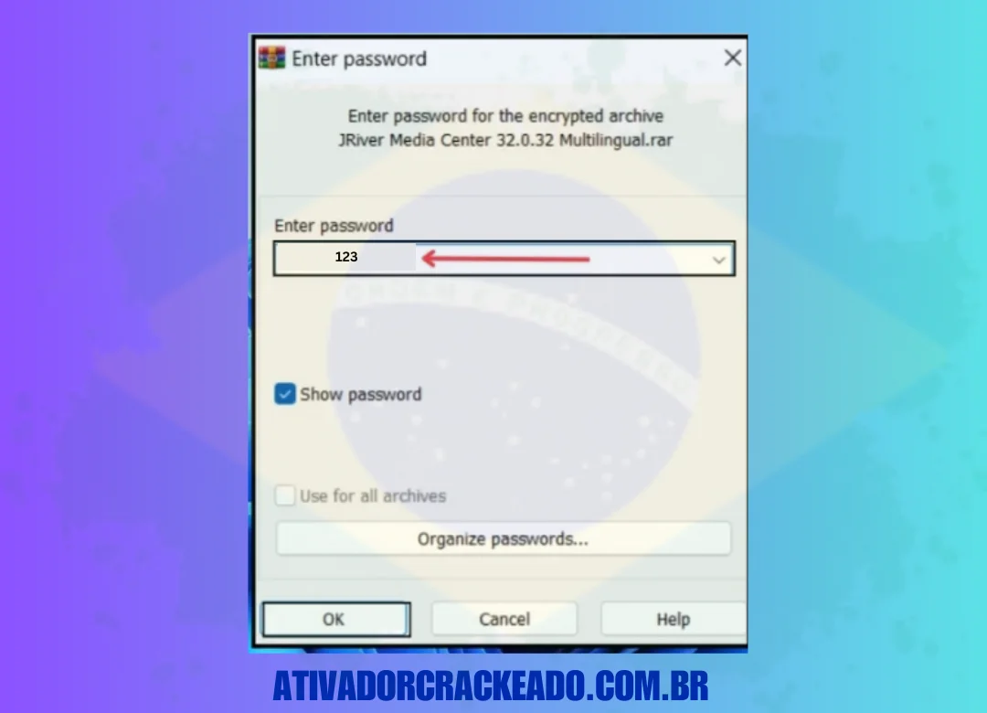 Na primeira etapa, execute o arquivo zip baixado. Em seguida, insira a senha “123”.