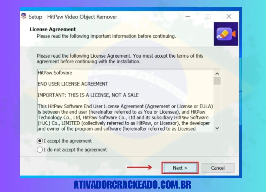 Na próxima etapa, você deve aceitar o contrato de licença do programa. Portanto, basta verificar a caixa Aceito o contrato e clique em Avançar. (1)