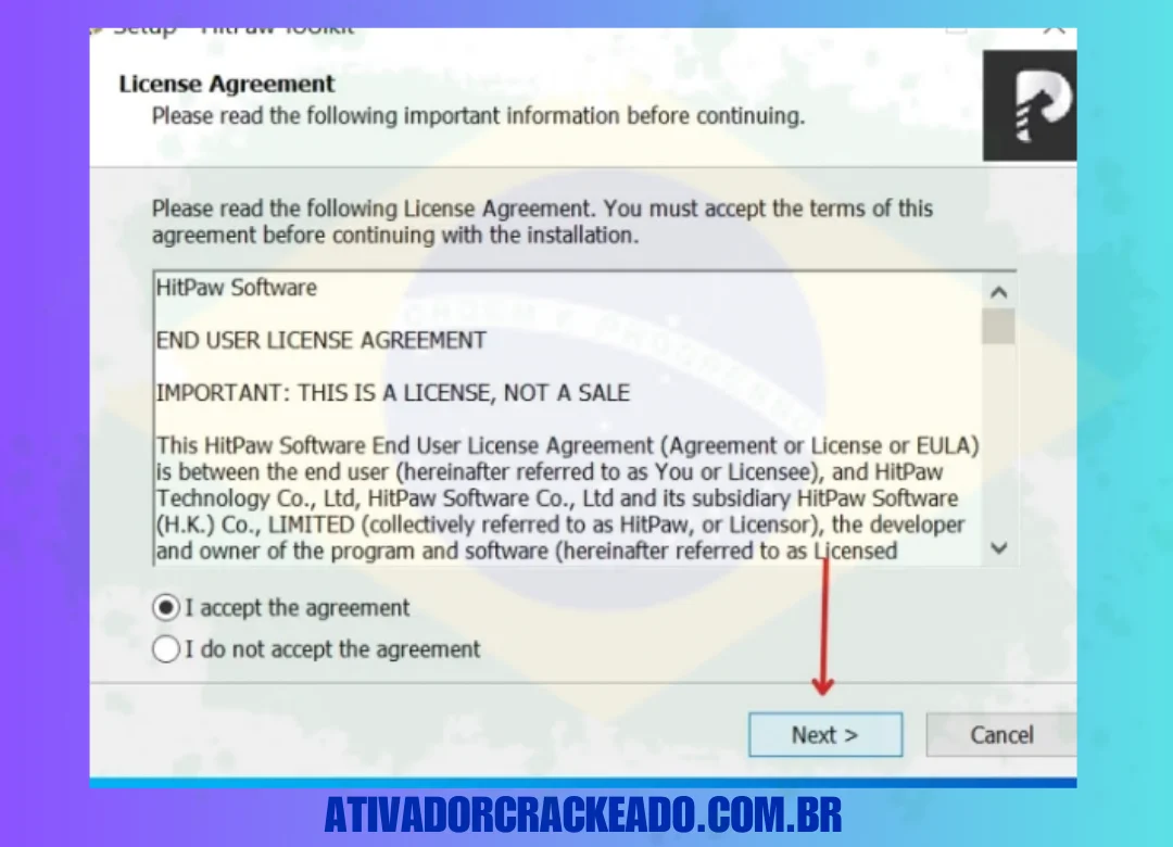 Na próxima etapa, você deve aceitar o contrato de licença do programa. Portanto, basta verificar a caixa Aceito o contrato e clique em Avançar.