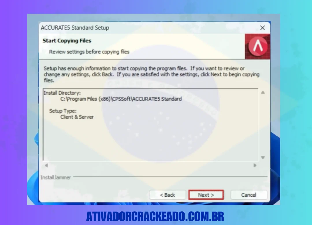 Nesta etapa, você pode revisar as configurações antes de copiar os arquivos e instalar o programa.