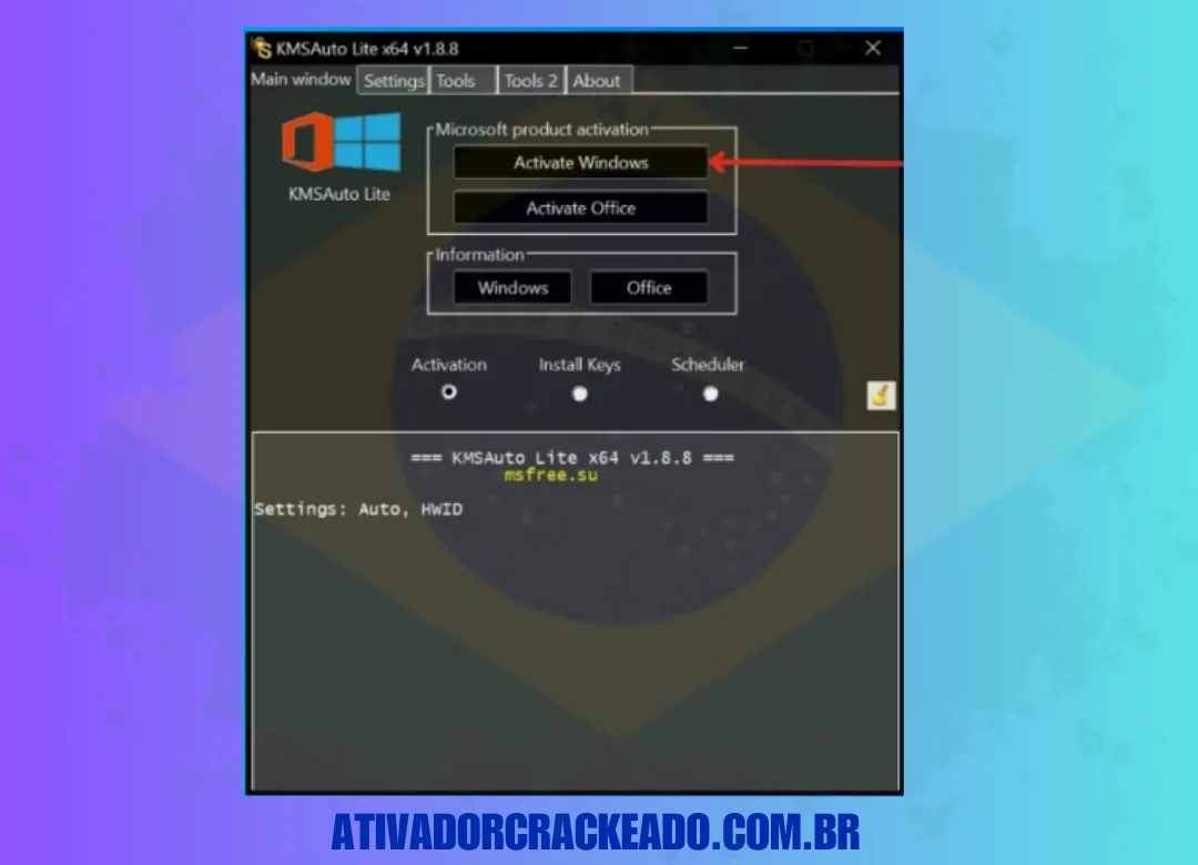No primeiro passo, execute o programa e então você verá uma interface que exibe duas opções Ativar o Windows e Ativar o Office.