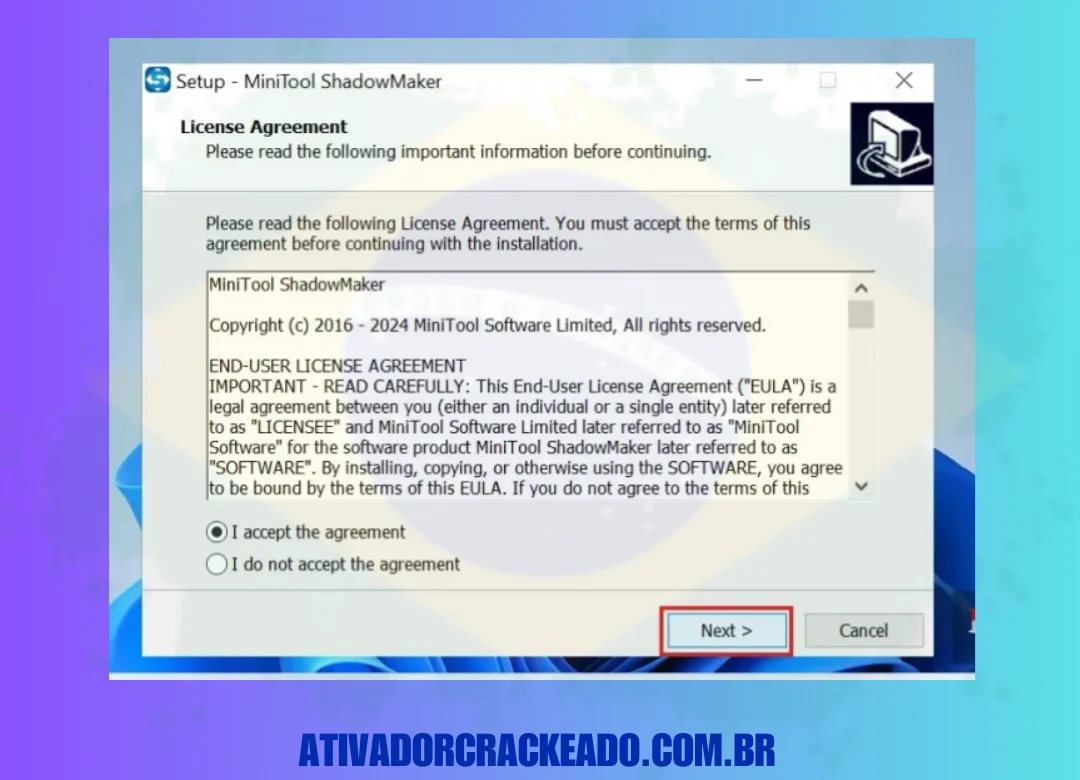 No próximo passo, você tem que aceitar o Contrato de Licença do programa. Portanto, basta marcar a caixa “Eu aceito o contrato” e então clicar em “Avançar”.