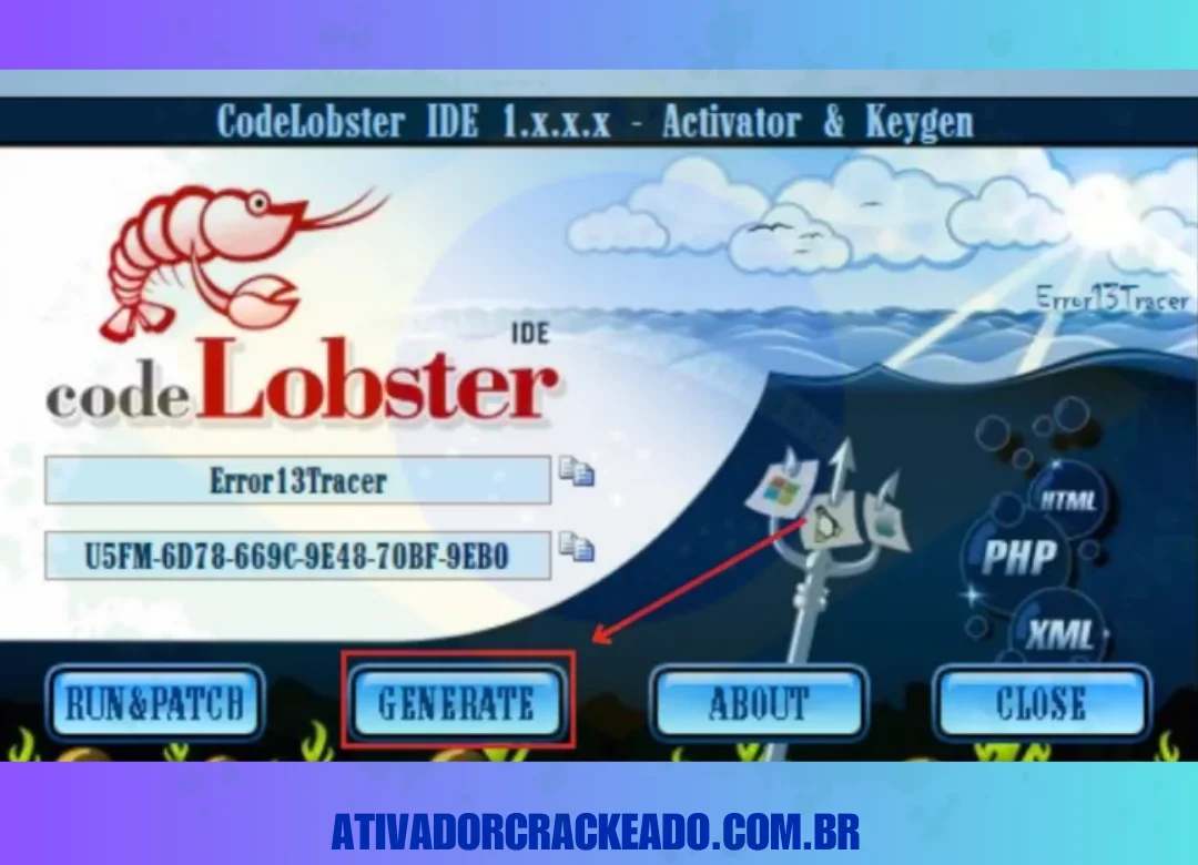 O CodeLobster IDE Activator & Keygen será iniciado, clique em 'generate'. Copie o nome de usuário e a Serial Key.