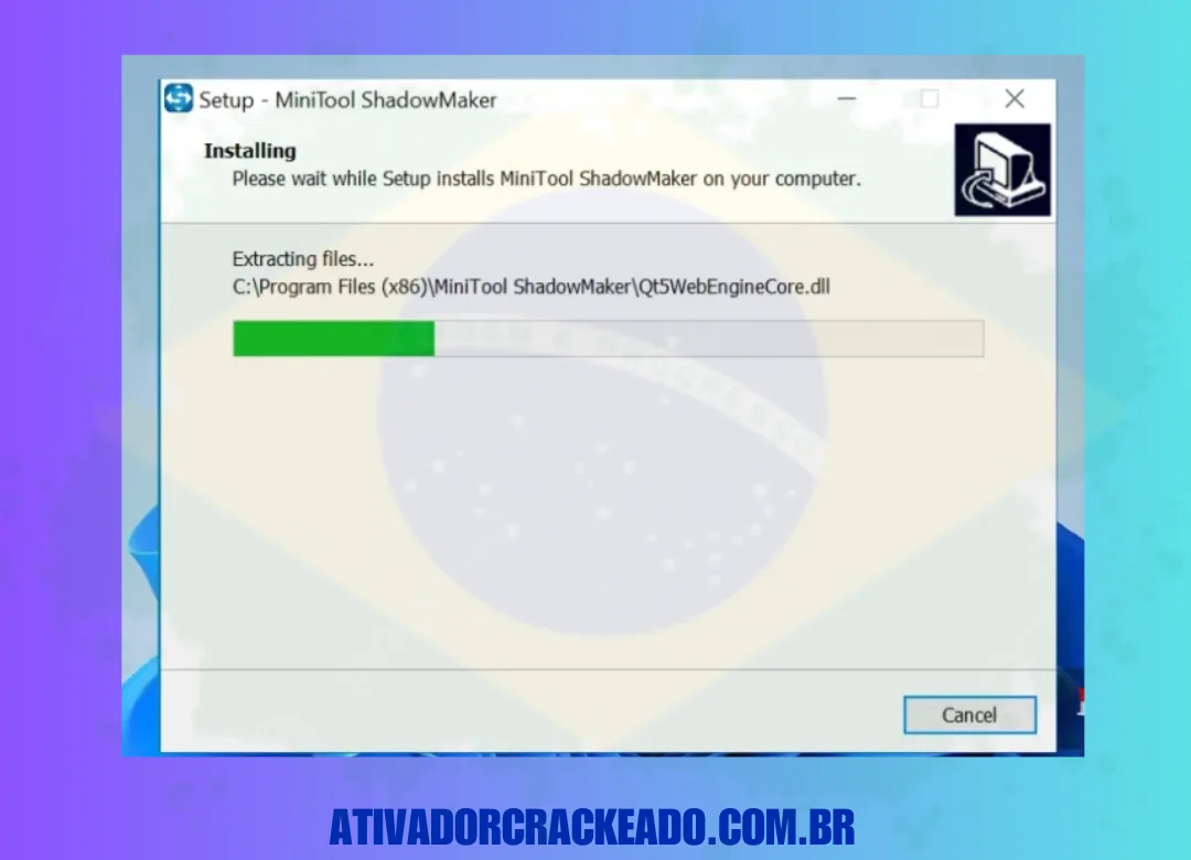 O MiniTool ShadowMaker está em processo de instalação e pode demorar um pouco para ser concluído.