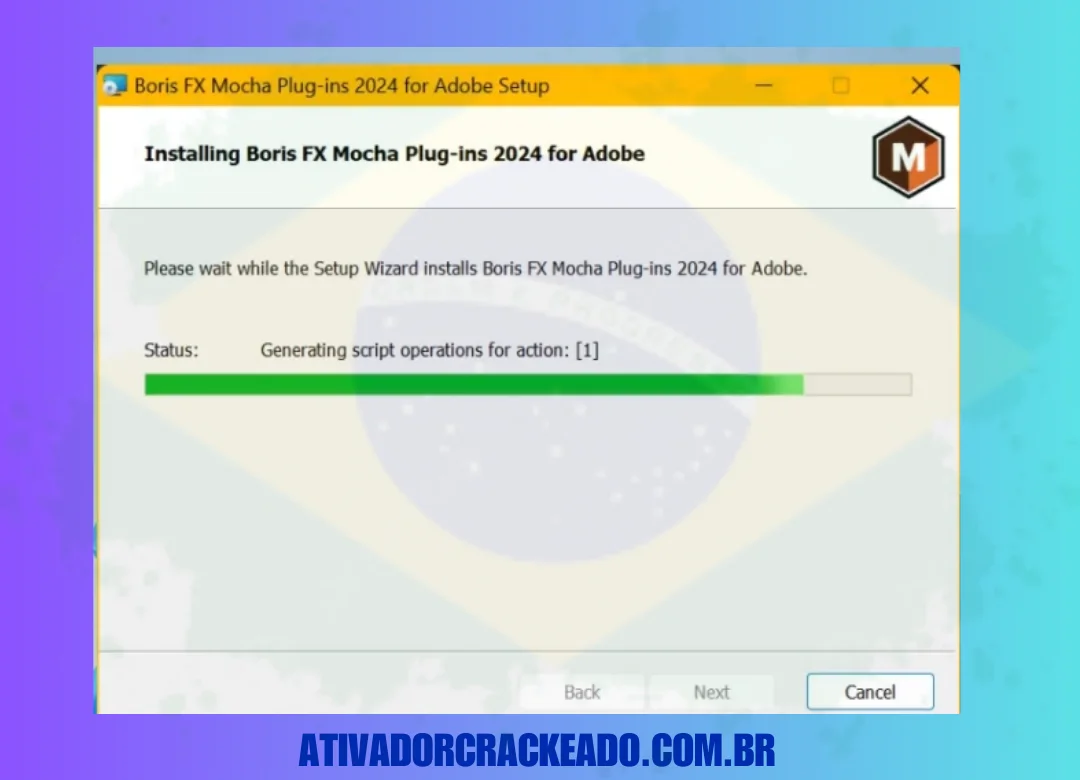 O Mocha Pro 2024 está em processo de instalação e pode levar alguns instantes para ser concluído.