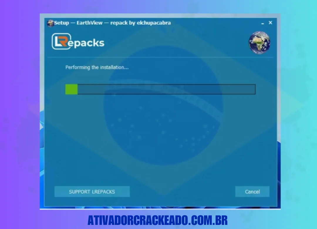 O processo de instalação do EarthView pode levar um minuto ou mais, dependendo da velocidade do seu computador.