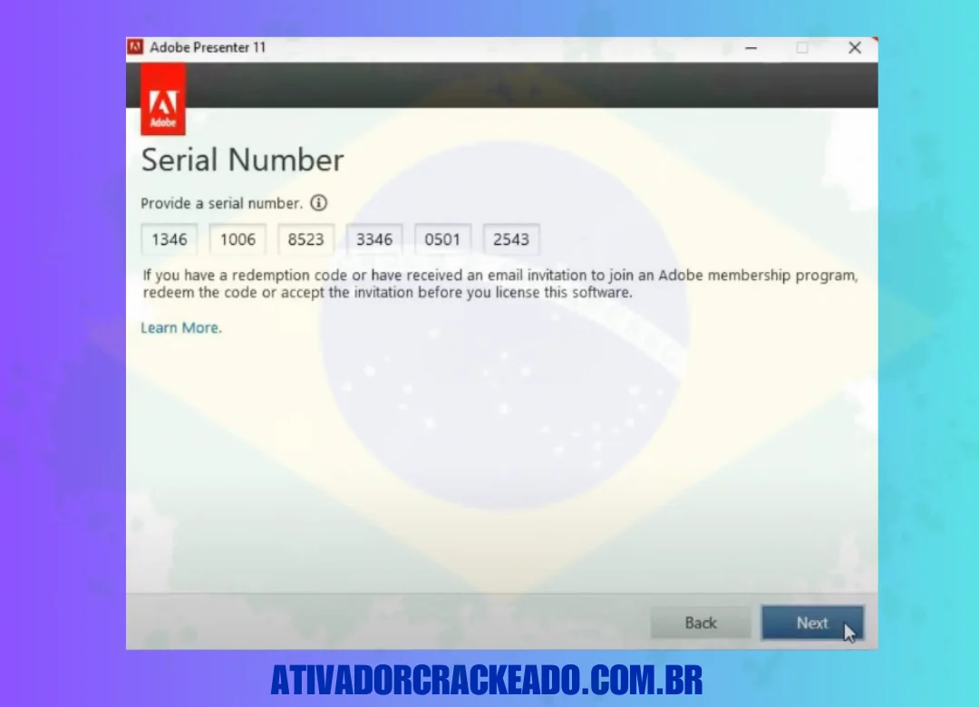 O programa pede para você digitar a Chave. Copie e cole 1346-1006-8523-3346-0501-2543 na