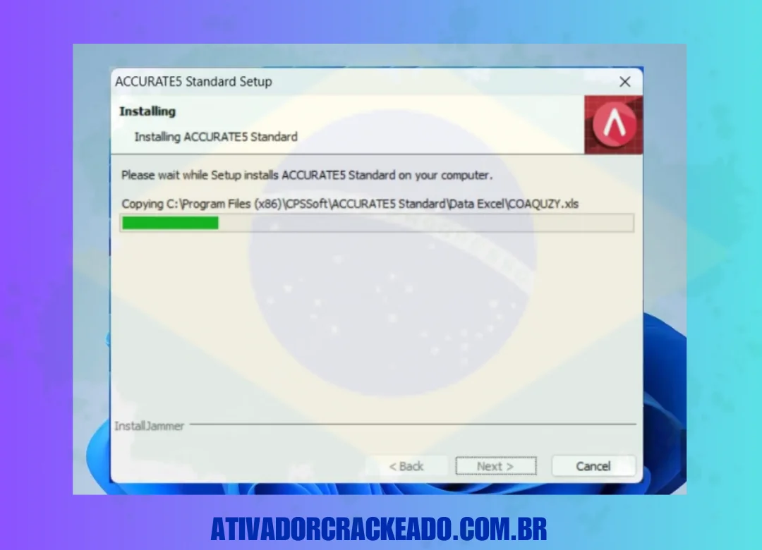 O sistema agora está instalando o Accurate 5, e todo o processo pode levar alguns instantes para ser concluído.