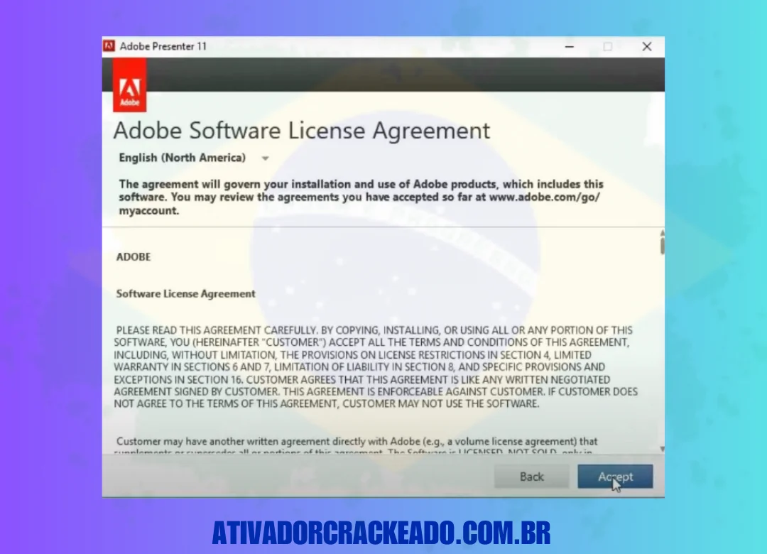 Para aceitar as condições do software, clique em Aceitar na caixa de instalação subsequente.