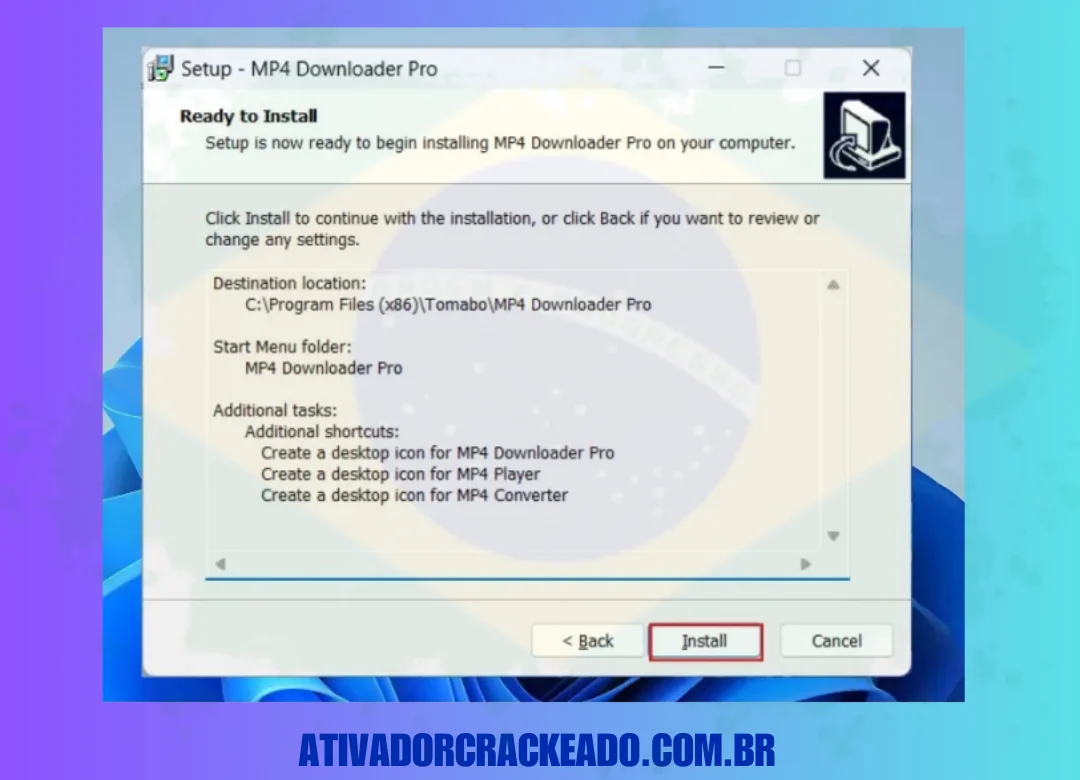 Quando você vir a tela “Pronto para instalar”, clique em “Instalar” para iniciar o processo de instalação