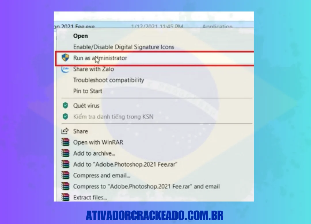 Selecione Adobe.Photoshop.2021.Free.exe com o botão direito do mouse. Para executar como administrador, selecione